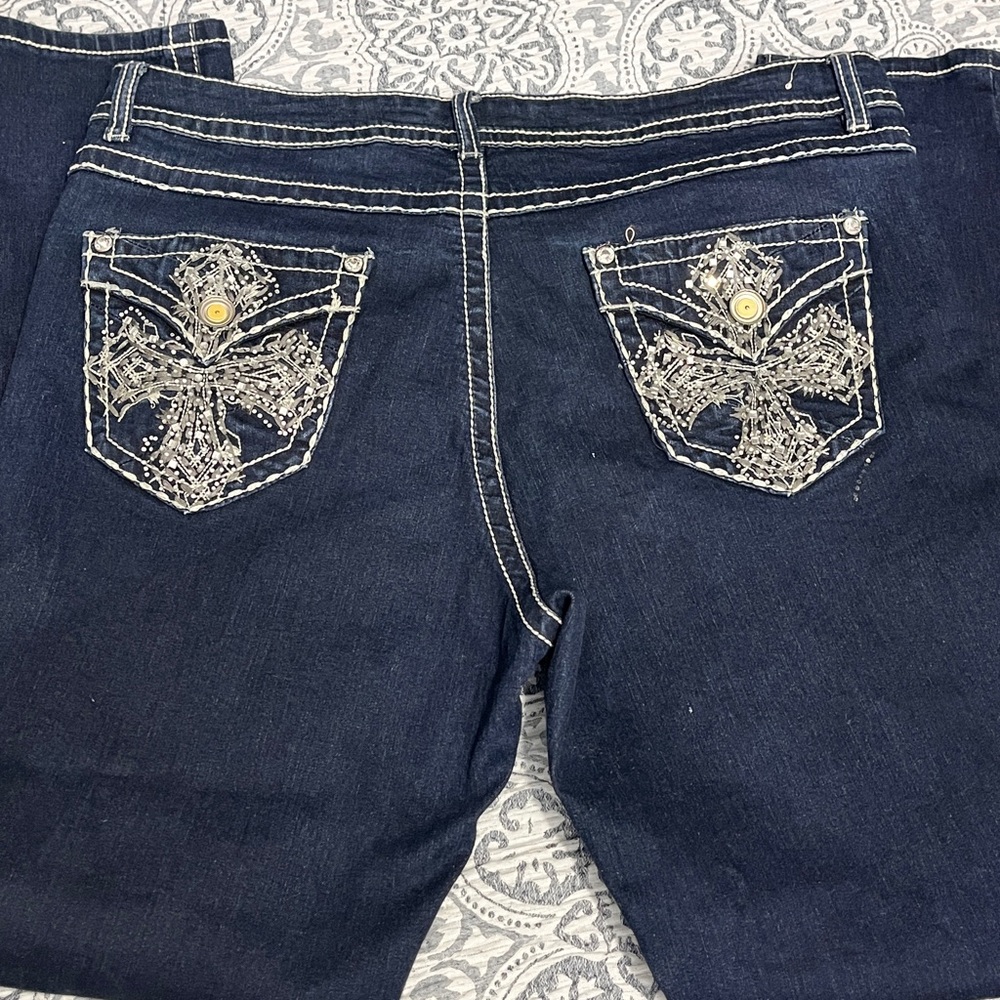 Rebel & Soul Y2K Dark Indigo Skinny Rhinestone Jeans sz 16 - Picture 2 of 11